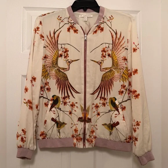 TRF Outerwear Cherry Blossom Cranes Satin Bomber Jacket Size Small - Picture 1 of 5